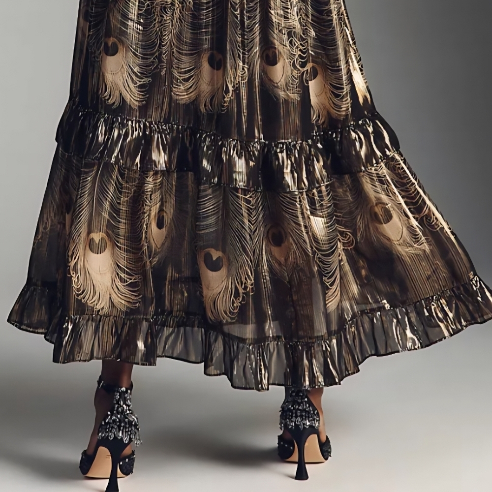 By Anthropologie Long-Sleeve Metallic Babydoll Midi Dress,XXS,XS &S, Gold&Black - Picture 4 of 16